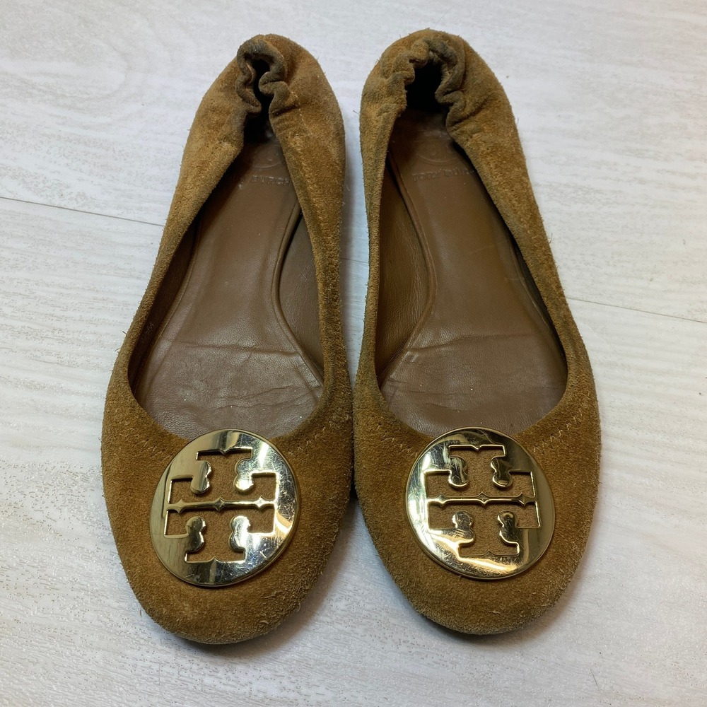 Tory Burch Womens 6.5M Reva Ballet Flats Logo Medallion Tan Brown Suede Leather